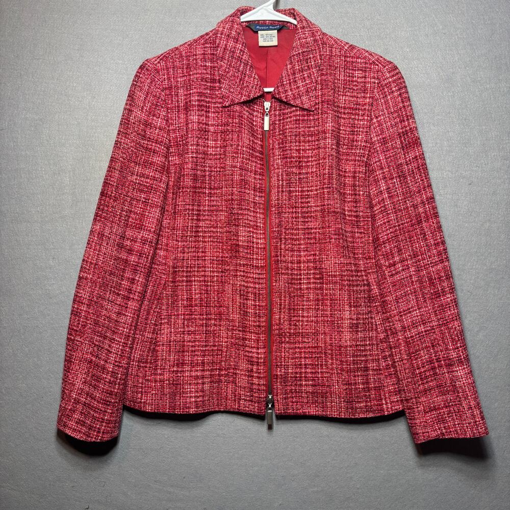 VTG Austin Reed Red Textured Silk Zip‎ Jacket M Classic Luxe Tailored Statement